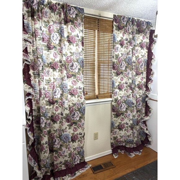 VTG Rose Ruffled Curtain Panels Romantic Victorian w/ Lace JC Penny Cottage Chic - Picture 1 of 11